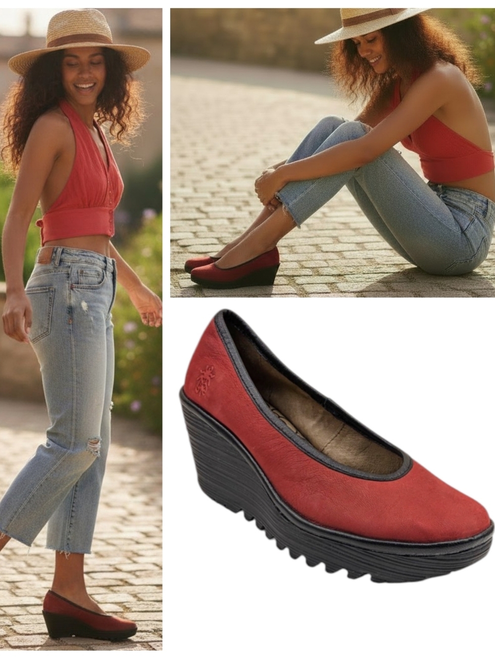 Fly London Yalu Red Leather Platform Wedge Pumps Women’s EU 37 US 6.5 S4043